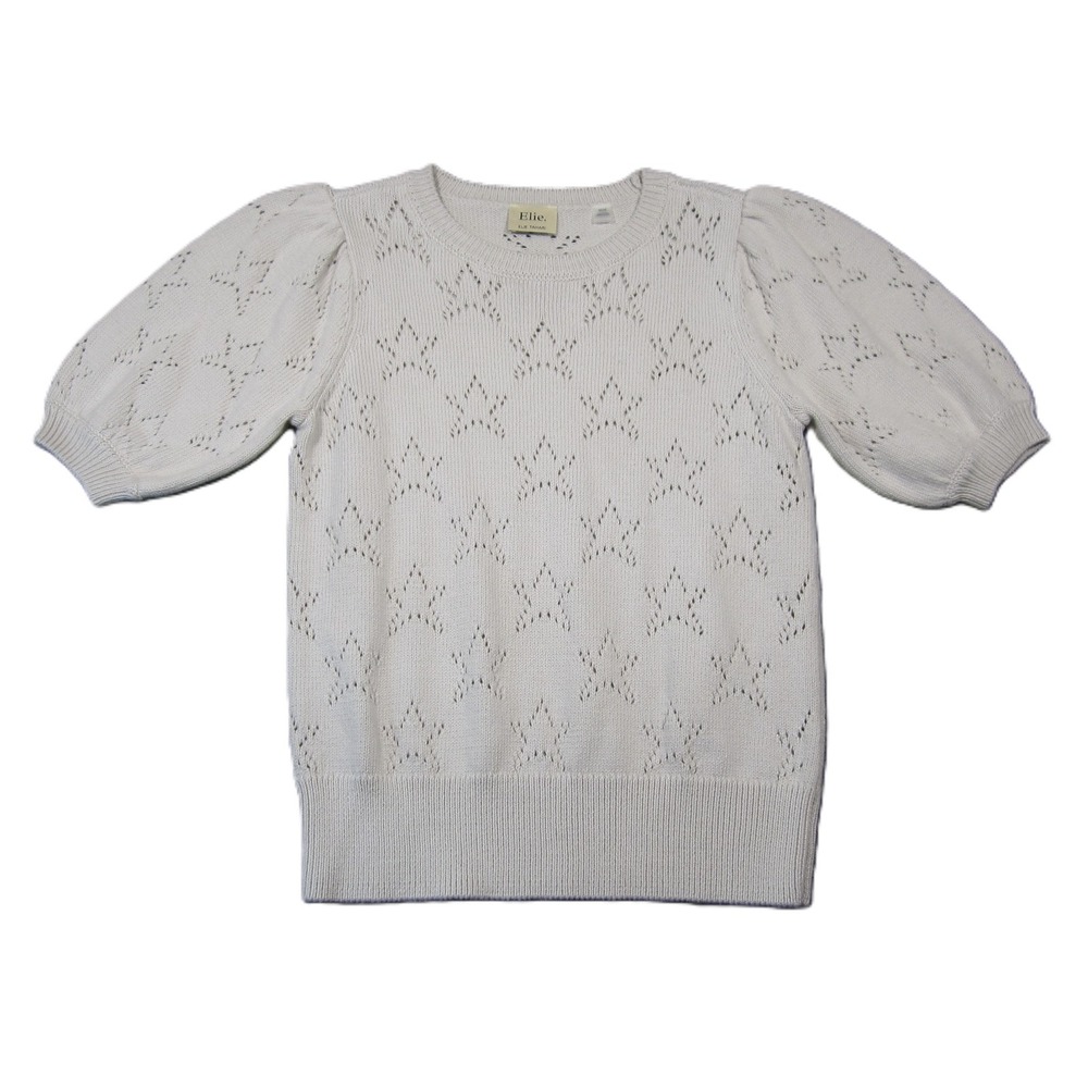 Elie Tahari Perforated Star Knit Sweater M Cream Short Puff Sleeve Preppy Casual